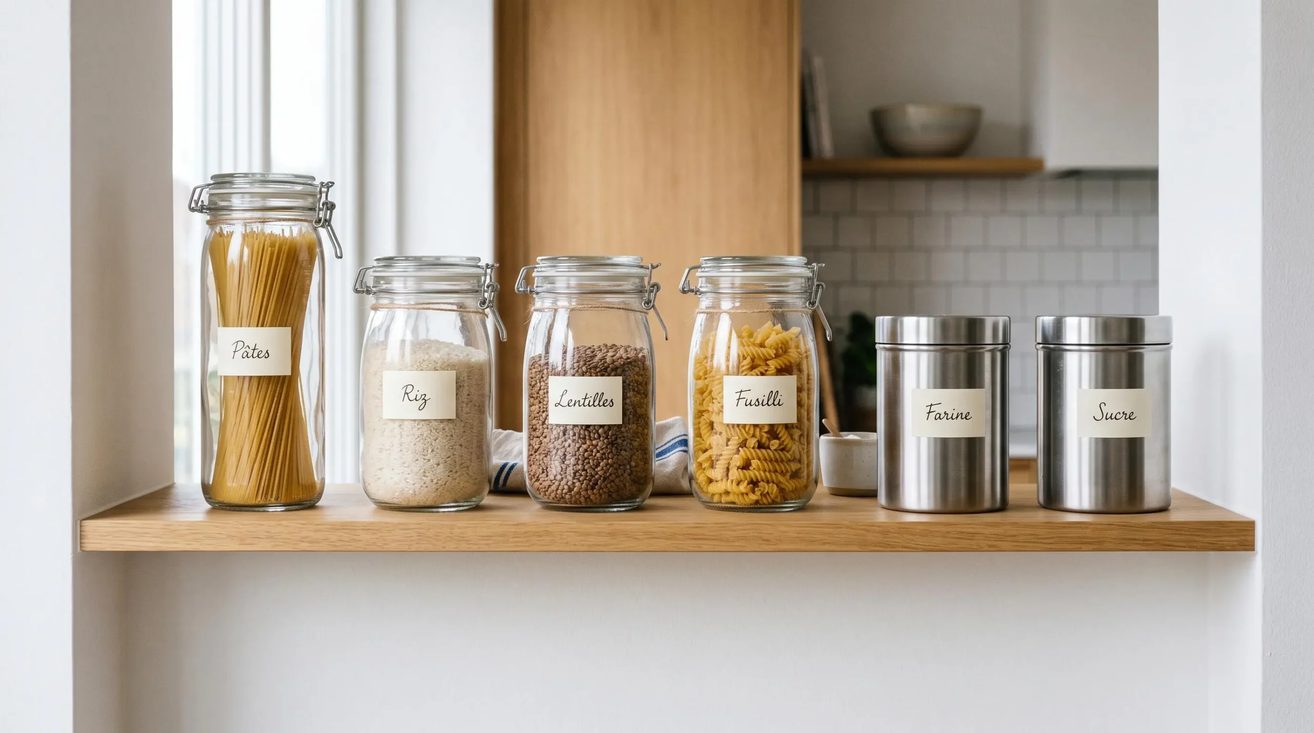 Étagère de cuisine avec bocaux en verre hermétiques contenant pâtes et riz et conteneurs métal pour farine, étiquetés en français