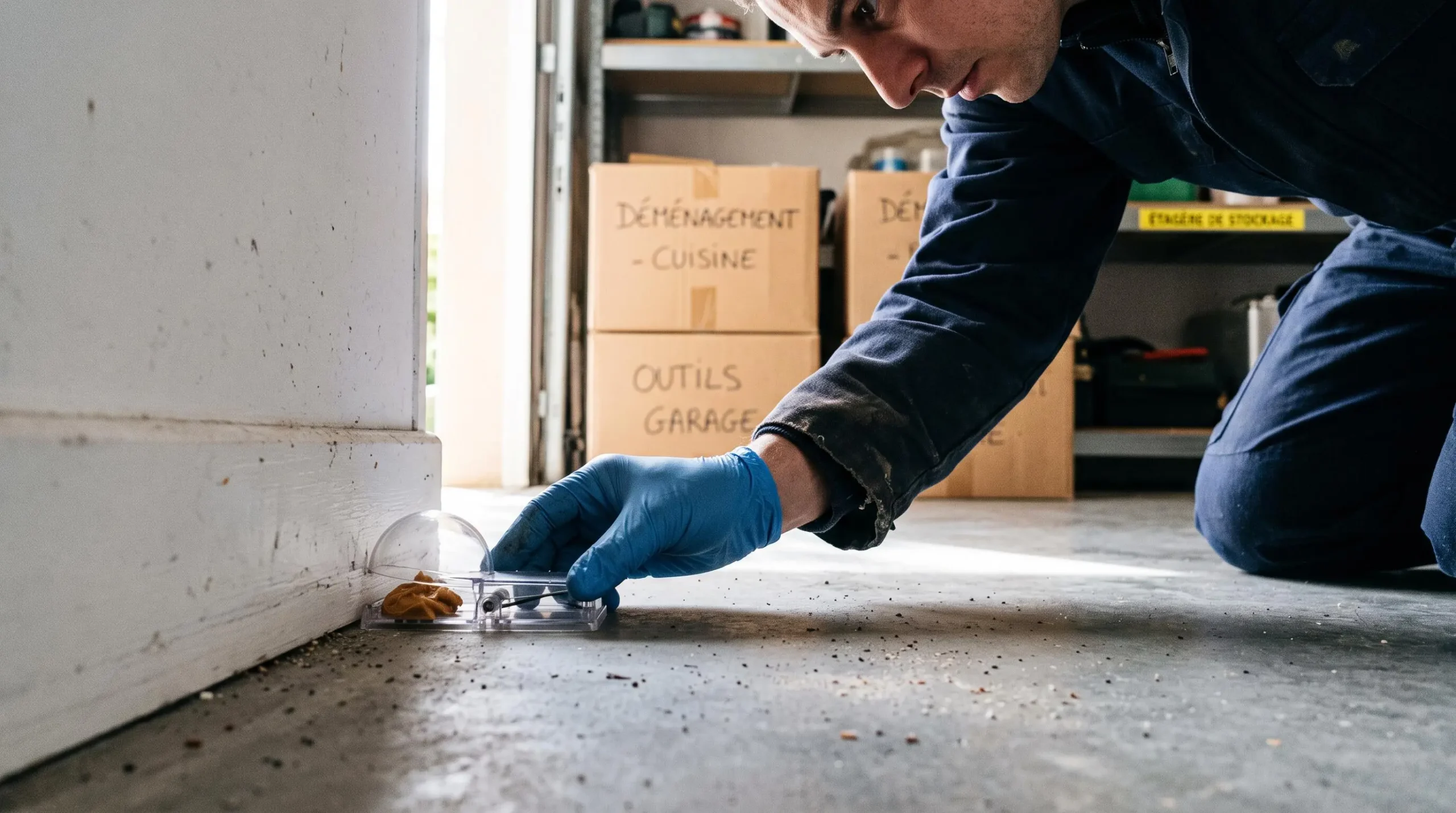 Main gantée installant un piège de détection non létal le long d'une plinthe dans un garage domestique
