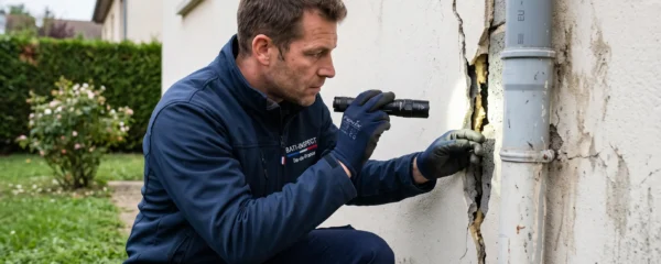 Technicien en tenue de travail inspectant avec une lampe torche une fissure de façade au niveau d'un passage de canalisation dans une maison pavillonnaire