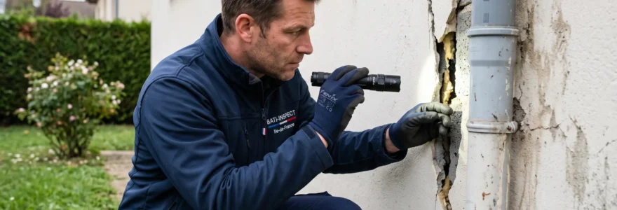 Technicien en tenue de travail inspectant avec une lampe torche une fissure de façade au niveau d'un passage de canalisation dans une maison pavillonnaire